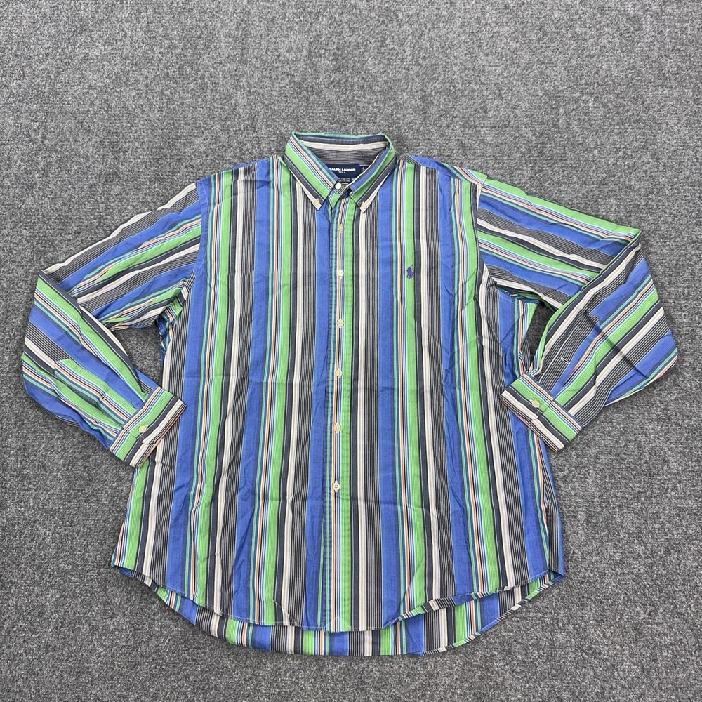 Vintage Ralph Lauren Golf Shirt Mens XL Striped Long Sleeve Button Down Slim Fit